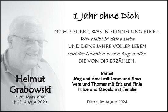 Traueranzeige von Helmut Grabowski von Zeitung am Sonntag