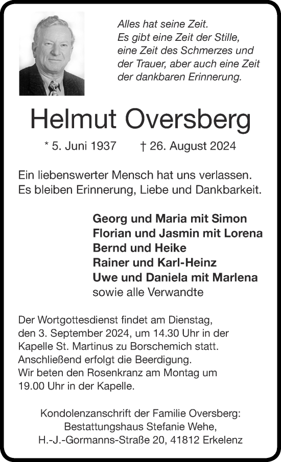Traueranzeige von Helmut Oversberg von Zeitung am Sonntag