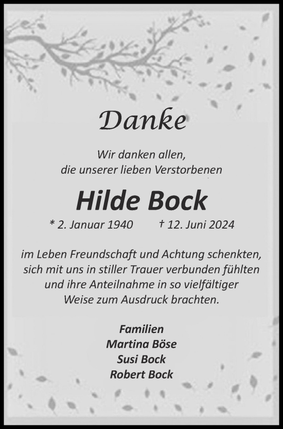 Traueranzeige von Hilde Bock von Zeitung am Sonntag
