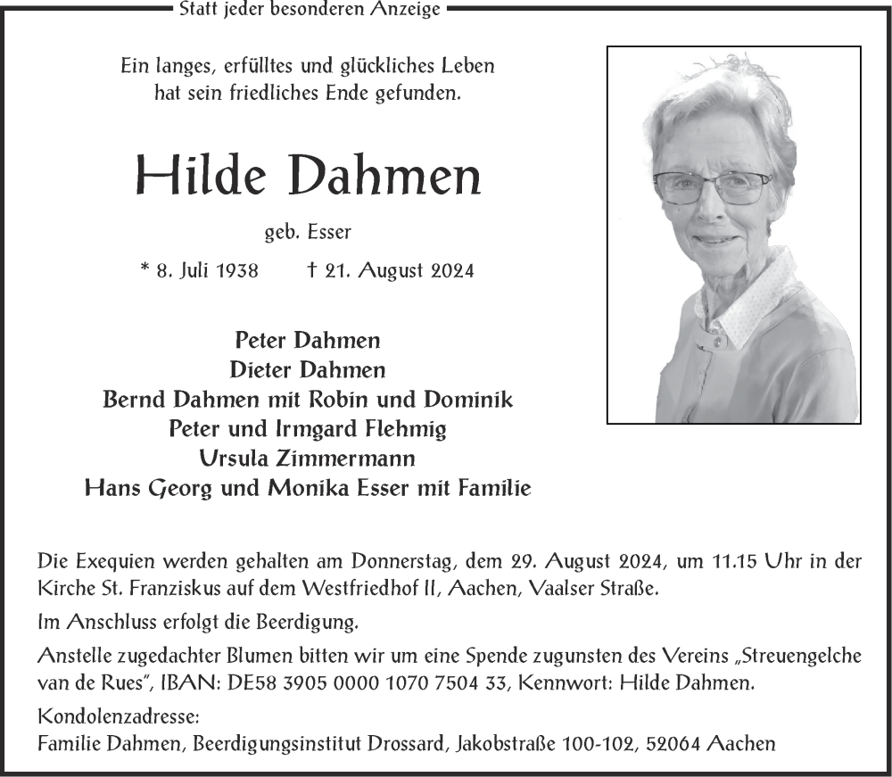 Traueranzeige für Hilde Dahmen vom 24.08.2024 aus Aachener Zeitung