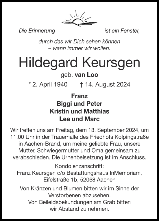 Traueranzeige von Hildegard Keursgen von Zeitung am Sonntag