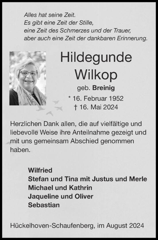 Traueranzeige von Hildegunde Wilkop von Zeitung am Sonntag