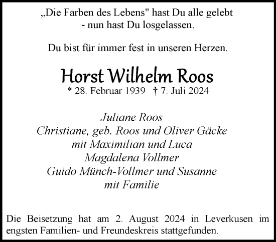 Traueranzeige von Horst Wilhelm Roos von Aachener Zeitung