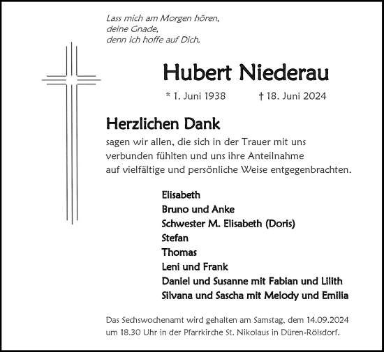 Traueranzeige von Hubert Niederau von Zeitung am Sonntag