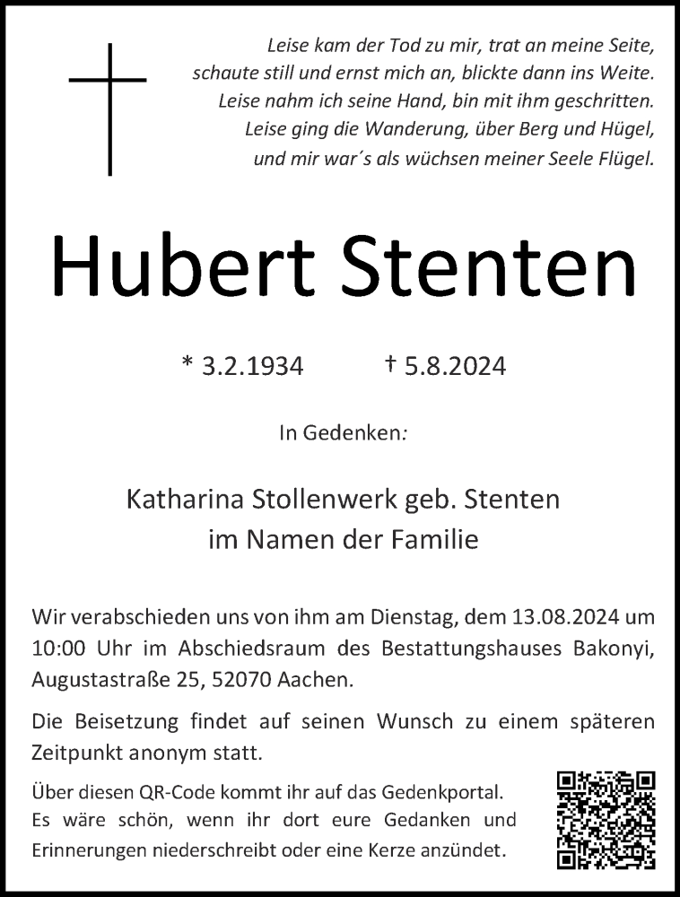  Traueranzeige für Hubert Stenten vom 10.08.2024 aus Aachener Zeitung