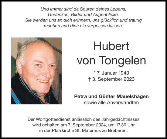 Traueranzeige von Hubert von Tongelen von Zeitung am Sonntag