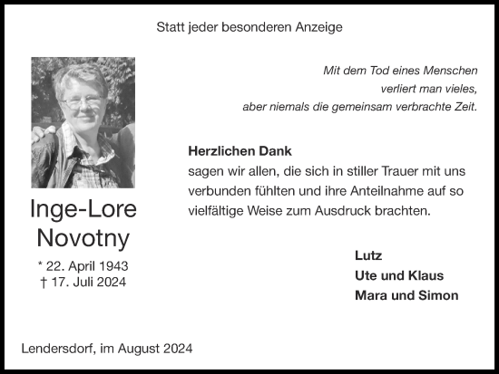 Traueranzeige von Inge-Lore Novotny von Zeitung am Sonntag