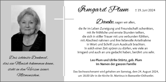 Traueranzeige von Irmgard Plum von Zeitung am Sonntag