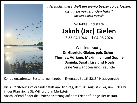 Traueranzeige von Jakob Gielen von Zeitung am Sonntag