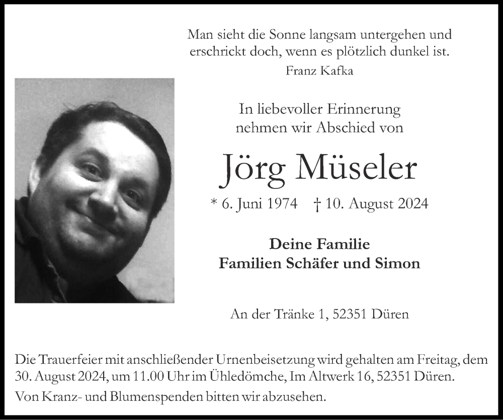  Traueranzeige für Jörg Müseler vom 18.08.2024 aus Zeitung am Sonntag
