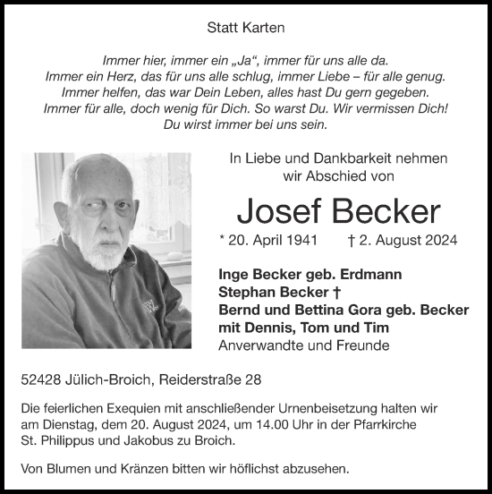 Traueranzeige von Josef Becker von Zeitung am Sonntag