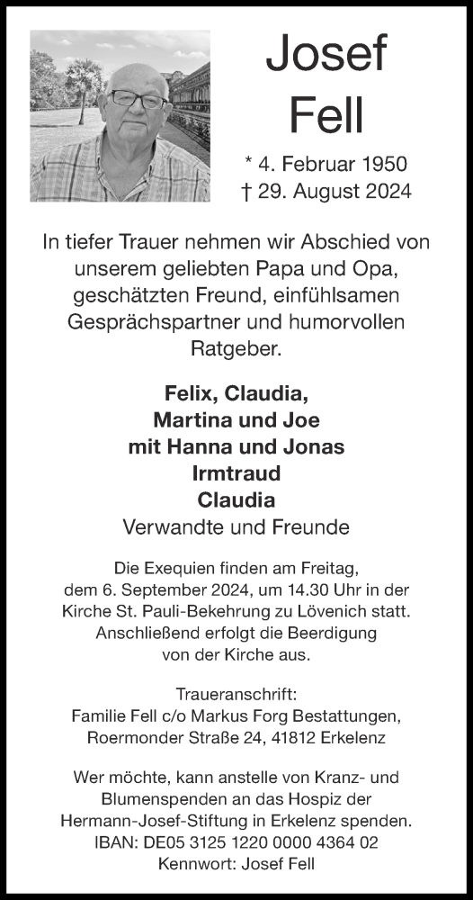 Traueranzeige von Josef Fell von Zeitung am Sonntag