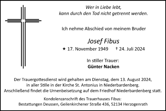 Traueranzeige von Josef Fibus von Zeitung am Sonntag