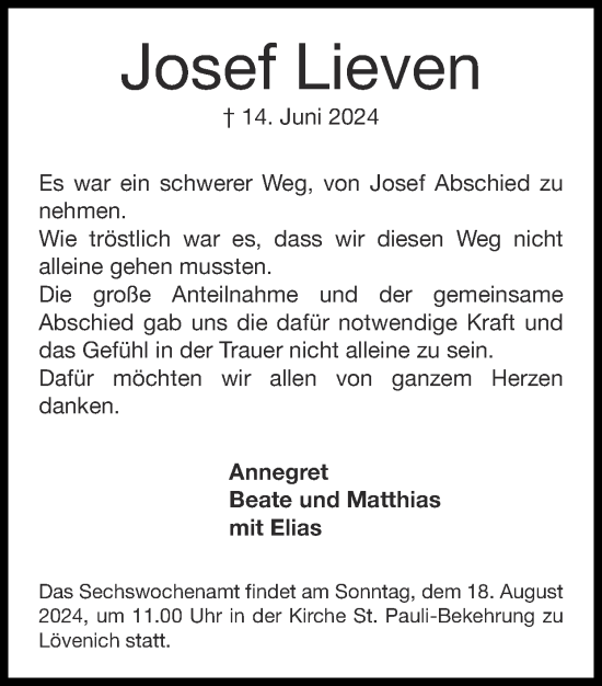 Traueranzeige von Josef Lieven von Zeitung am Sonntag