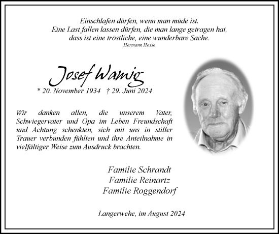 Traueranzeige von Josef Wamig von Zeitung am Sonntag