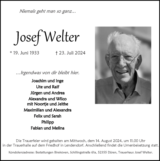 Traueranzeige von Josef Welter von Zeitung am Sonntag