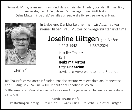 Traueranzeige von Josefine Lüttgen von Zeitung am Sonntag
