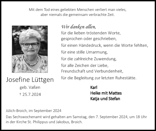 Traueranzeige von Josefine Lüttgen von Zeitung am Sonntag