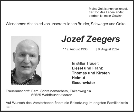 Traueranzeige von Jozef Zeegers von Zeitung am Sonntag