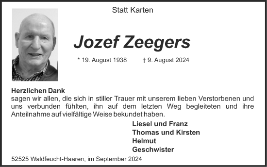 Traueranzeige von Jozef Zeegers von Zeitung am Sonntag