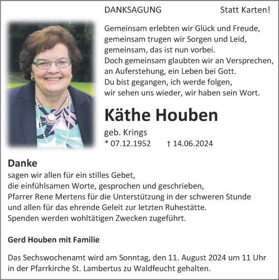 Traueranzeige von Käthe Houben von Zeitung am Sonntag