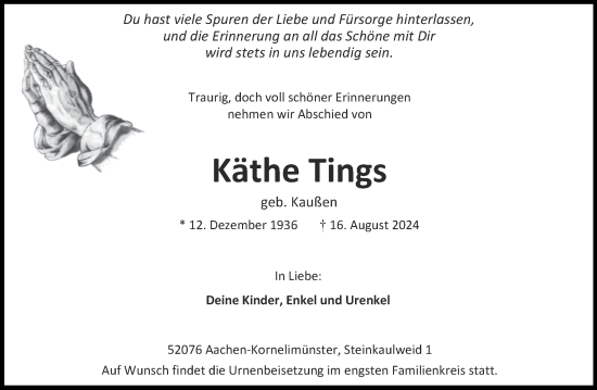 Traueranzeige von Käthe Tings von Aachener Zeitung