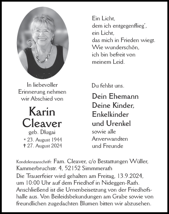 Traueranzeige von Karin Cleaver von Zeitung am Sonntag