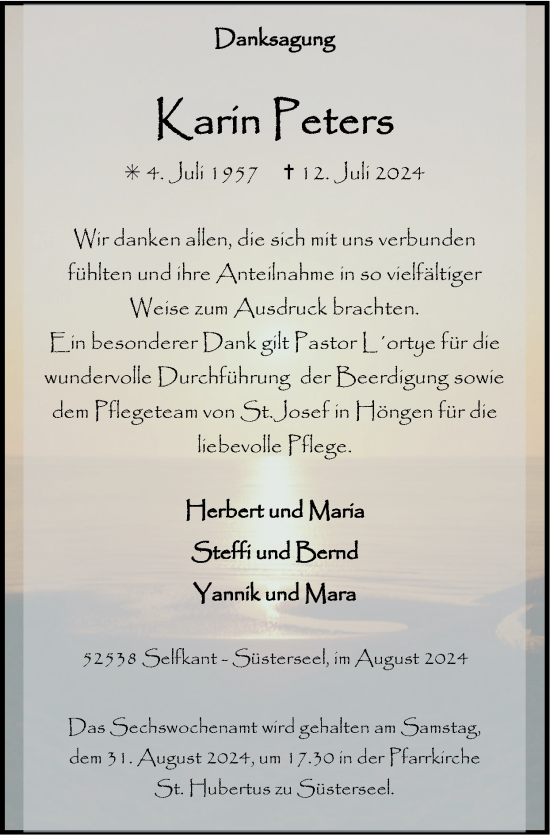 Traueranzeige von Karin Peters von Zeitung am Sonntag
