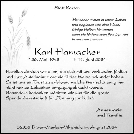 Traueranzeige von Karl Hamacher von Zeitung am Sonntag