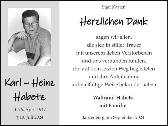 Traueranzeige von Karl-Heinz Habetz von Zeitung am Sonntag