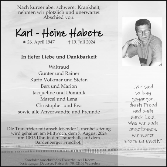 Traueranzeige von Karl-Heinz Habetz von Zeitung am Sonntag