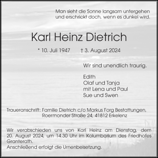 Traueranzeige von Karl Heinz Dietrich von Zeitung am Sonntag