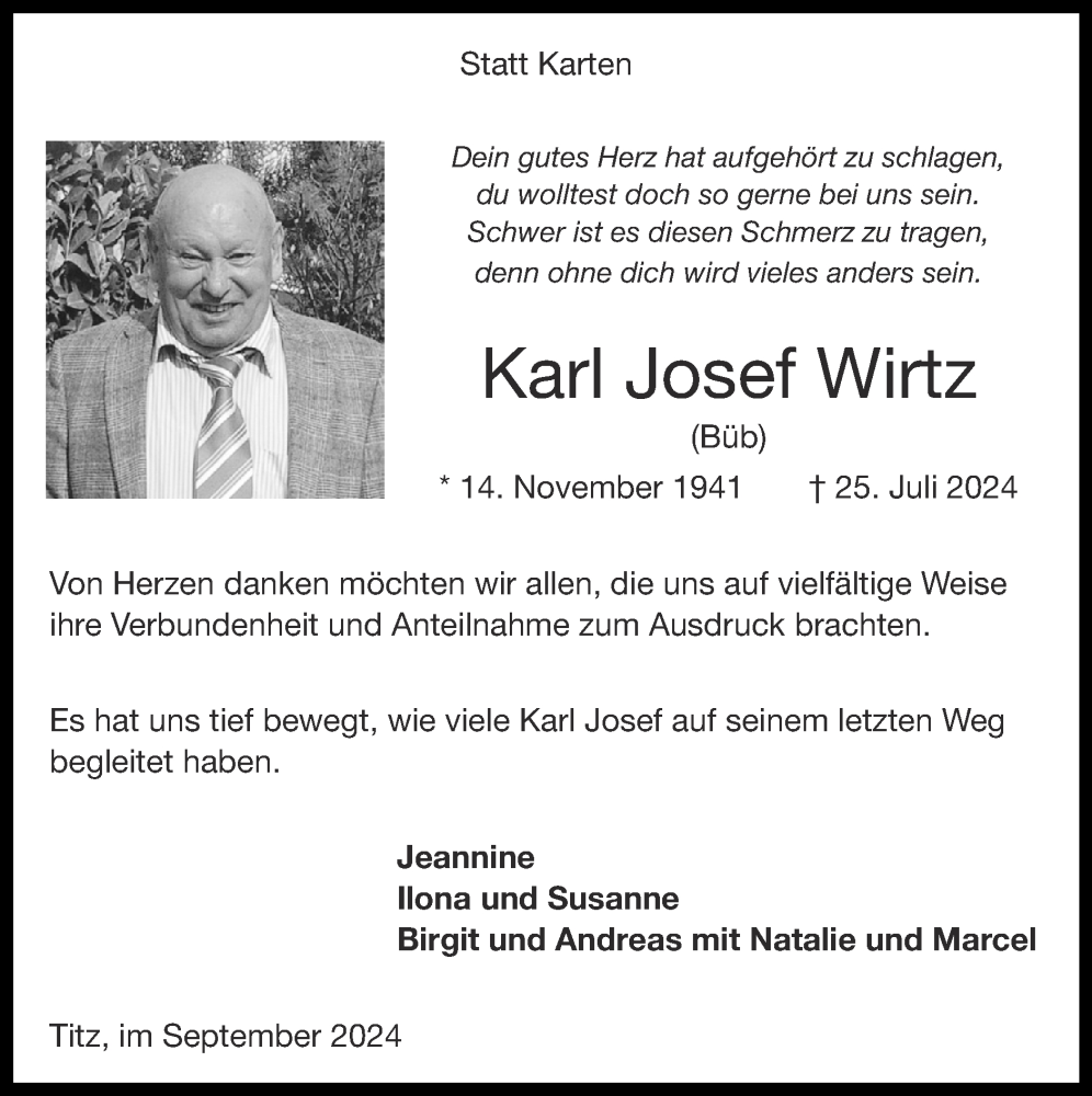 Traueranzeigen von Karl Josef Wirtz Aachen gedenkt