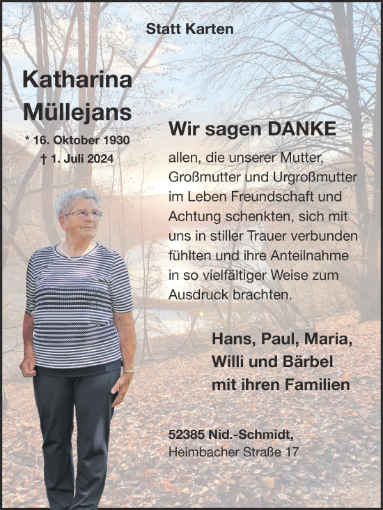 Traueranzeige von Katharina Müllejans von Zeitung am Sonntag