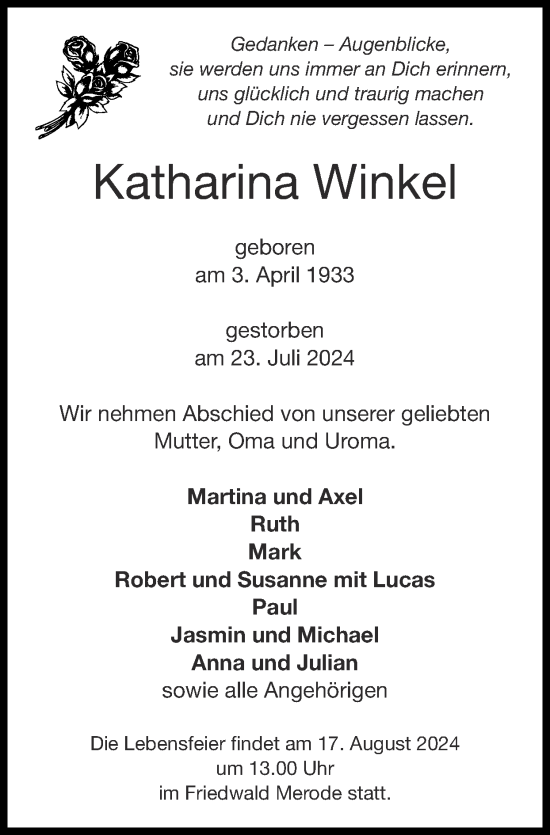 Traueranzeige von Katharina Winkel von Zeitung am Sonntag