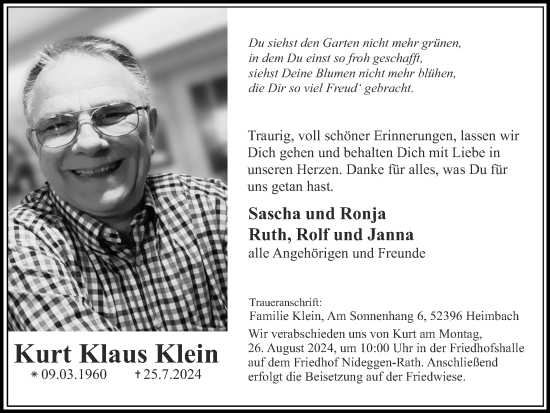 Traueranzeige von Kurt Klaus Klein von Zeitung am Sonntag