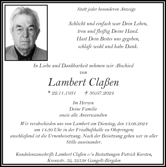 Traueranzeige von Lambert Claßen von Zeitung am Sonntag