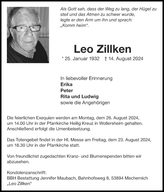 Traueranzeige von Leo Zillken von Zeitung am Sonntag