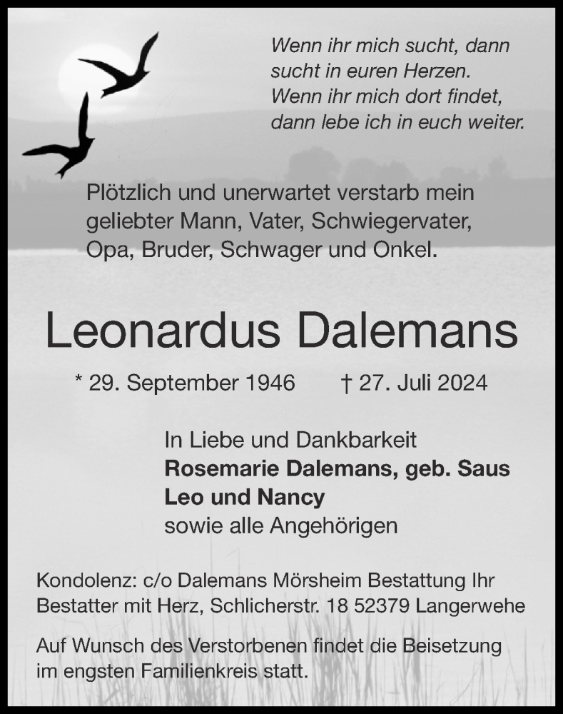  Traueranzeige für Leonardus Dalemans vom 11.08.2024 aus Zeitung am Sonntag