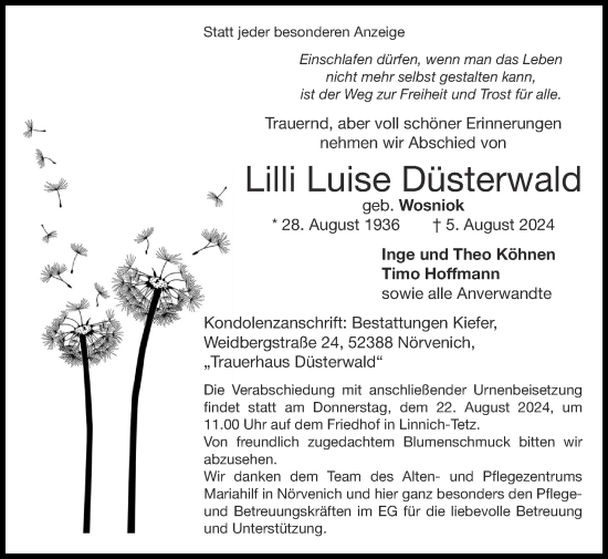 Traueranzeige von Lilli Luise Düsterwald von Zeitung am Sonntag