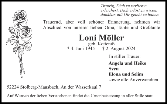 Traueranzeige von Loni Möller von Zeitung am Sonntag