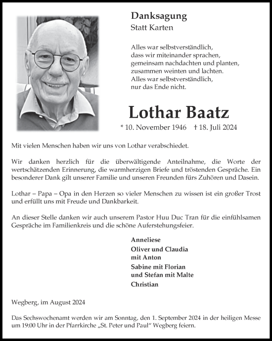 Traueranzeige von Lothar Baatz von Zeitung am Sonntag