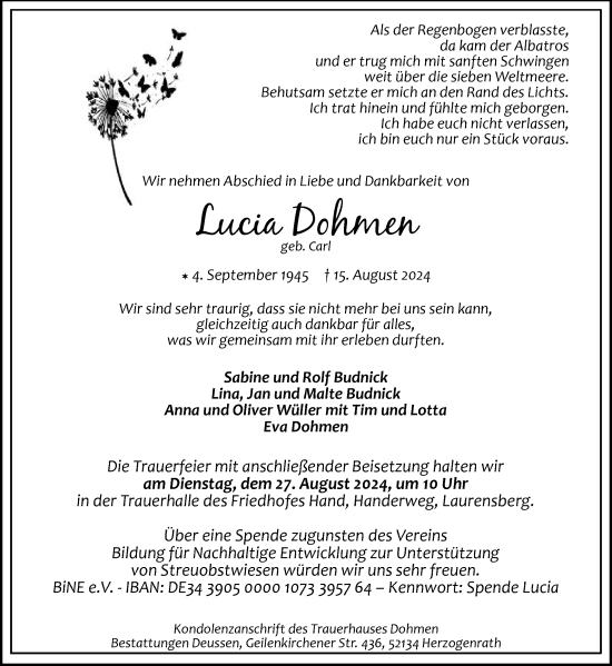 Traueranzeige von Lucia Dohmen von Aachener Zeitung