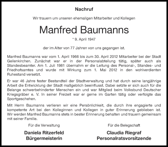 Traueranzeige von Manfred Baumanns von Zeitung am Sonntag