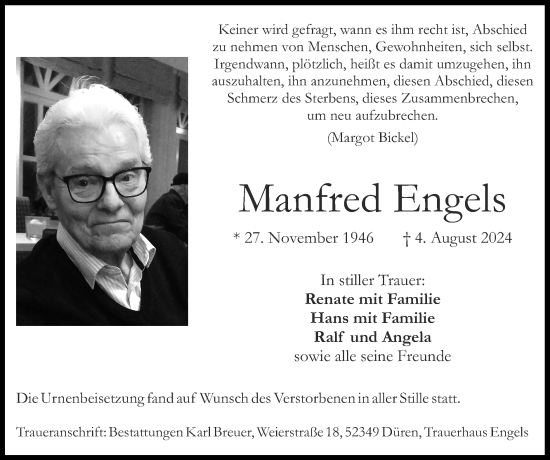 Traueranzeige von Manfred Engels von Zeitung am Sonntag