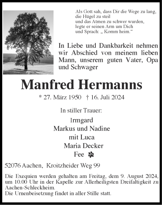 Traueranzeige von Manfred Hermanns von Zeitung am Sonntag