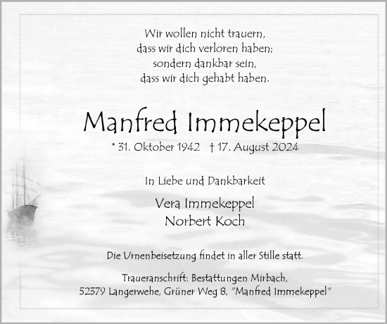 Traueranzeige von Manfred Immekeppel von Zeitung am Sonntag