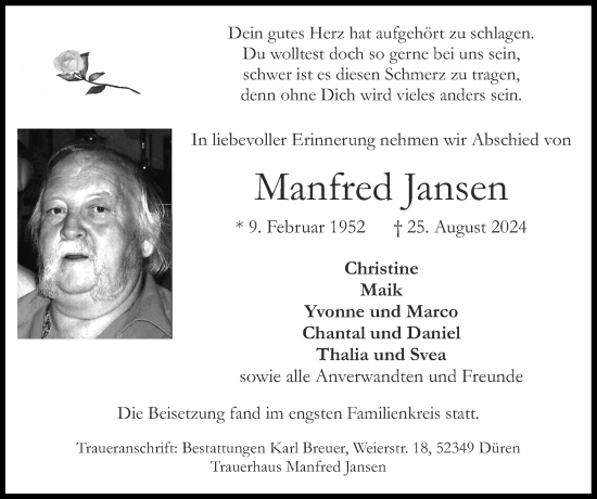 Traueranzeige von Manfred Jansen von Zeitung am Sonntag