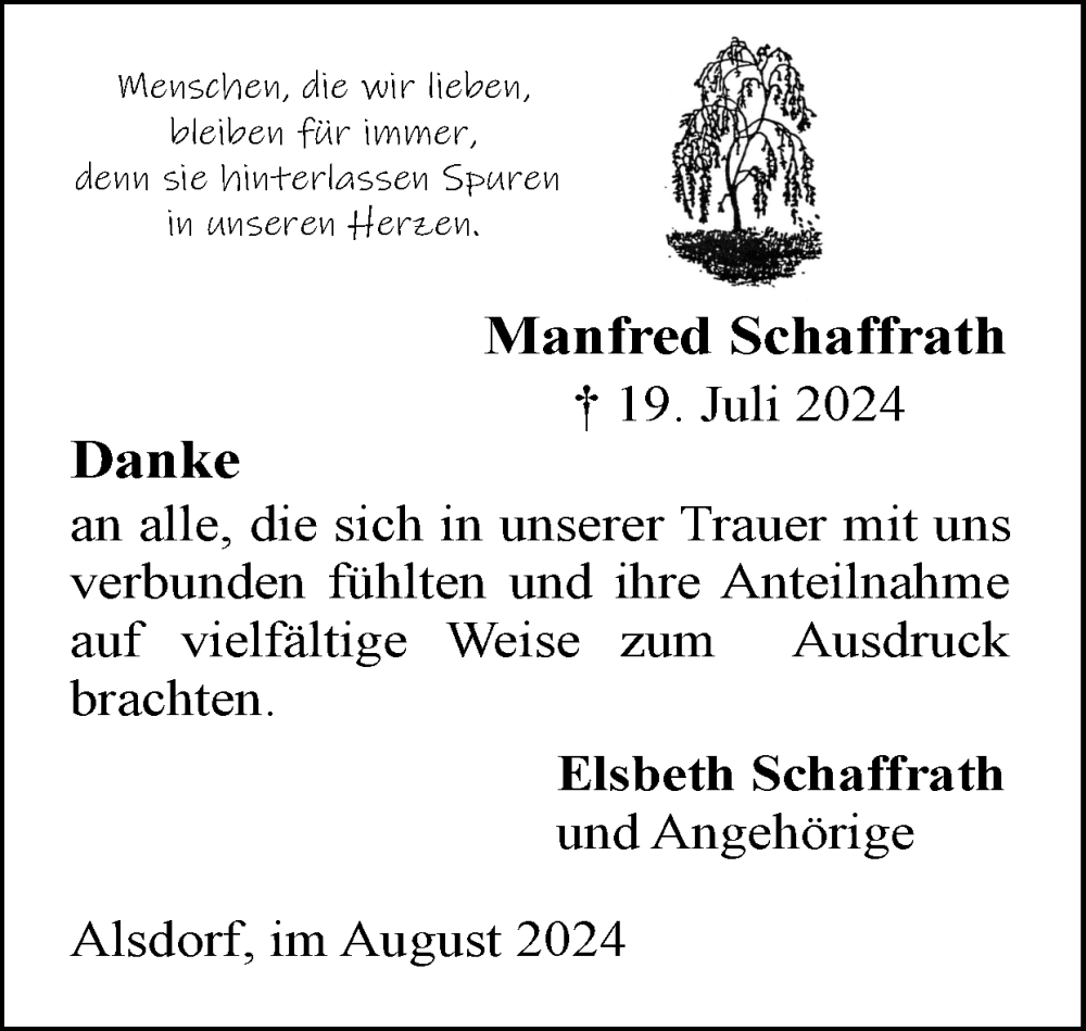  Traueranzeige für Manfred Schaffrath vom 18.08.2024 aus Zeitung am Sonntag