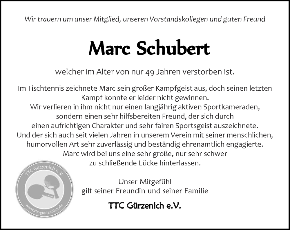  Traueranzeige für Marc Schubert vom 04.08.2024 aus Zeitung am Sonntag
